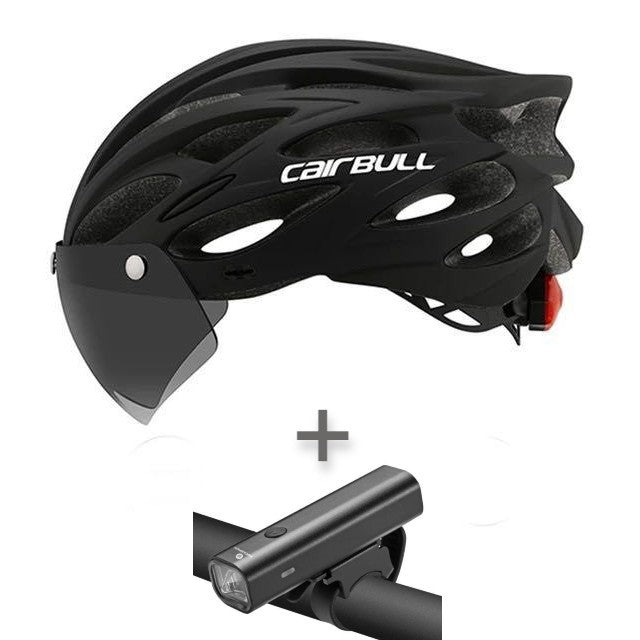Casque Cairbull avec visière et feu arrière plus ensemble de phares de vélo Rockbros 400 lumens