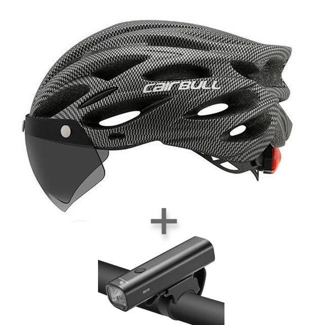Casque Cairbull avec visière et feu arrière plus ensemble de phares de vélo Rockbros 400 lumens