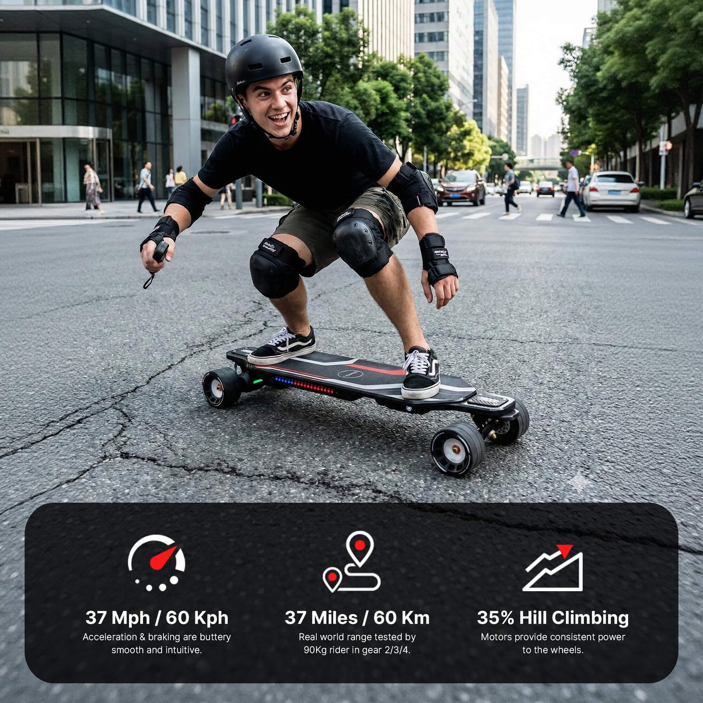 Maxfind Cyber Max Pro | Longboard Électrique Connecté - Double Moteur 900W, Autonomie 50km