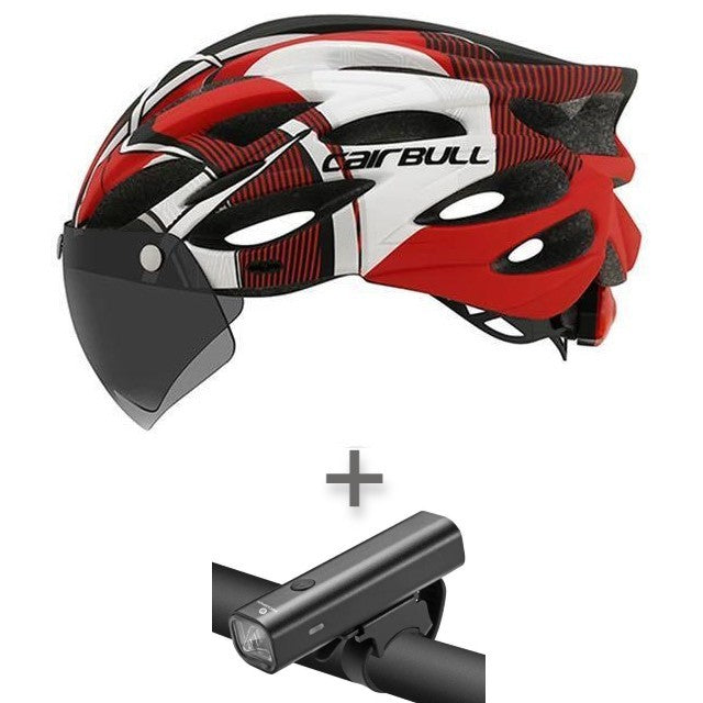 Casque Cairbull avec visière et feu arrière plus ensemble de phares de vélo Rockbros 400 lumens