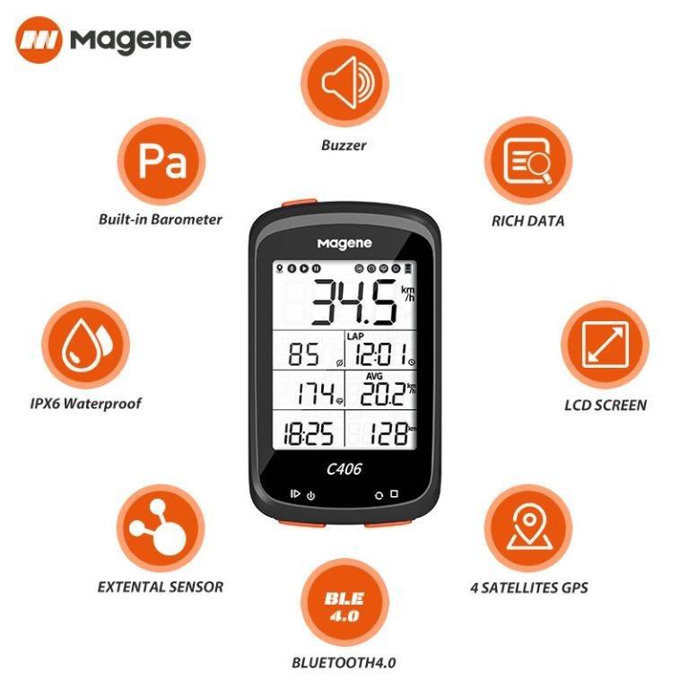 Ensemble ordinateur de vélo/cadencemètre/capteur de vitesse Magene C406 livré avec support d'extension