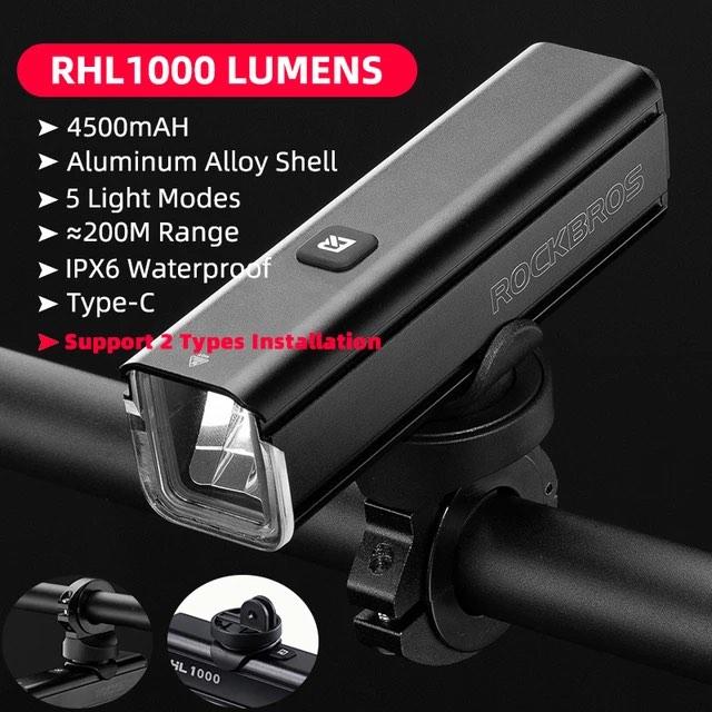 Rockbros RHL-1000 Lumen Vélo Phare Étanche USB Rechargeable Nuit Vélo Applicable 